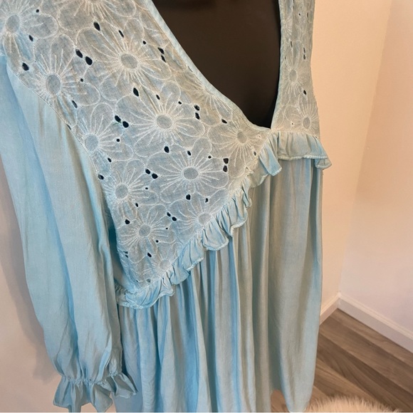 She + Sky Aqua Blue Peasant Ruffled Long Sleeve Mini Dress Size Medium - Picture 4 of 5